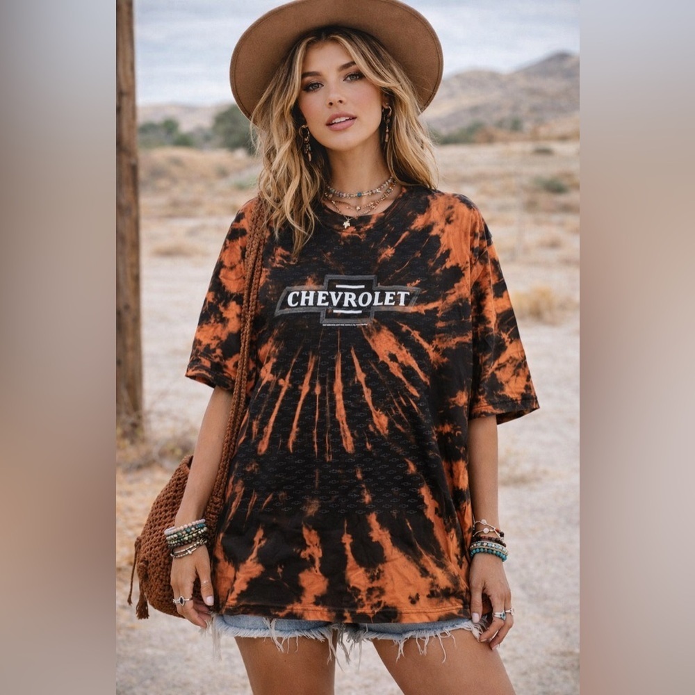Vintage Chevrolet orange black tie dye tee Tshirt